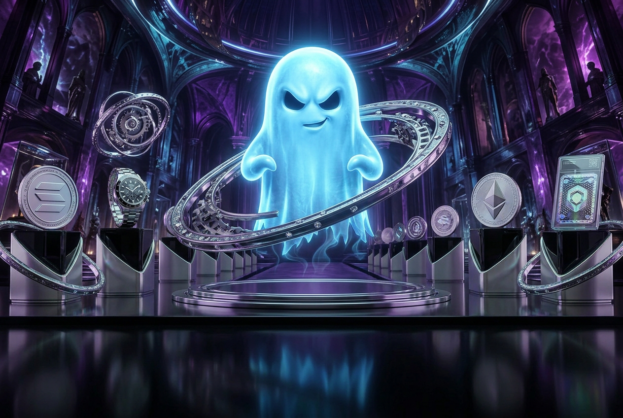Electric-blue floating ghost above chrome crypto sculptures in a purple cathedral