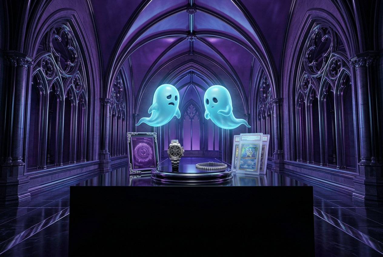 Two floating blue ghosts negotiating collectibles across a chrome table