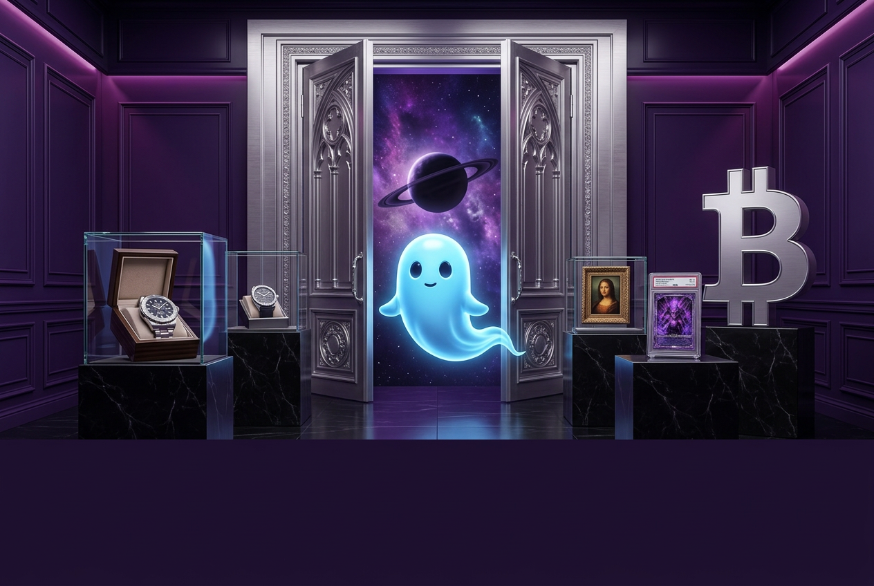 Welcoming blue ghost at platinum doors surrounded by luxury collectibles