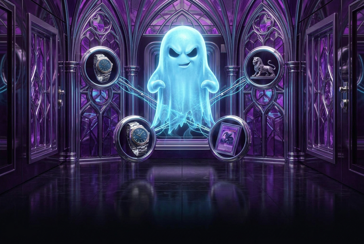 Glowing blue ghost connecting collectible display portals in a purple gallery