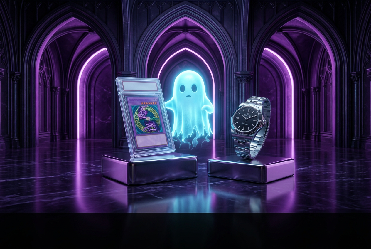 Blue ghost curating a watch and card beneath receding purple vault arches
